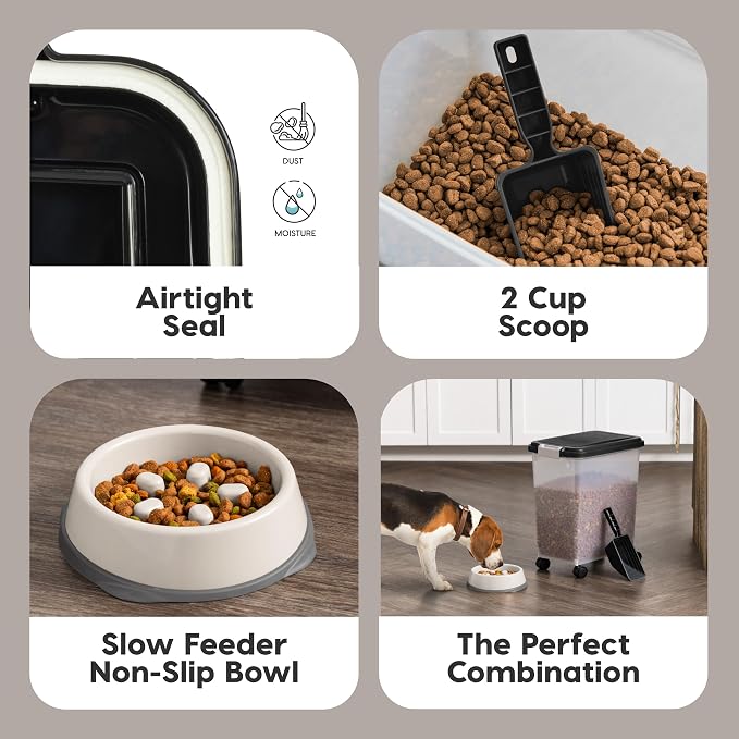IRIS USA Dog Food Container & Slow Feeder Bowl, Up to 30 lbs, Black | Includes 2-Cup Sccop & Wheels, Airtight Seal, BPA-Free, Bird Seed, Cat food, Cat Litter, Treats, Short Snout Bowl