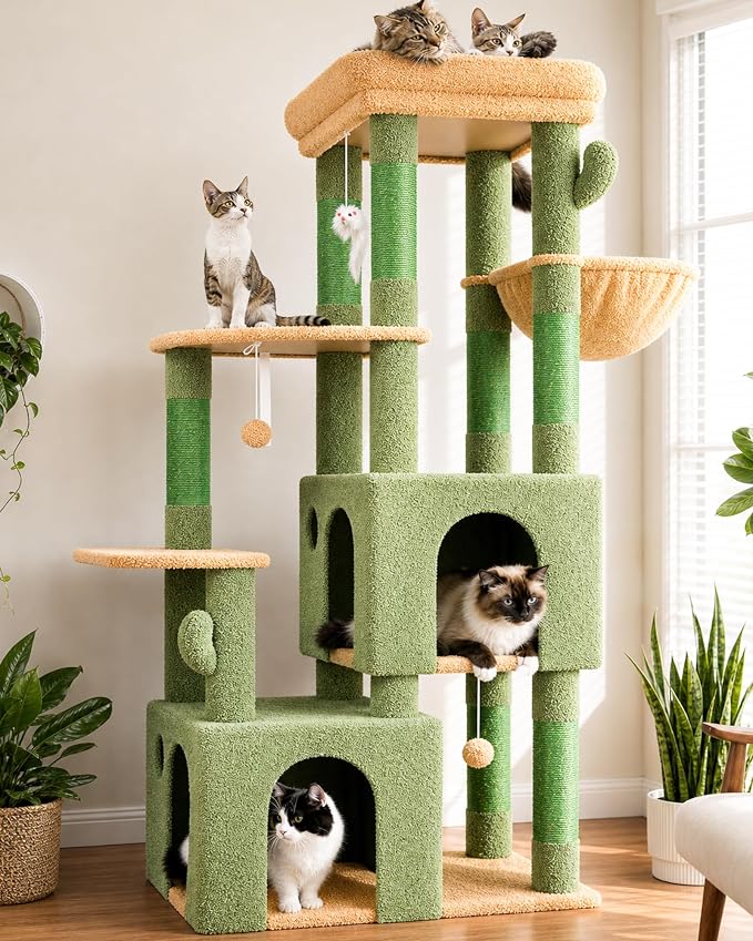 Globlazer Heavy Duty Cactus Cat Trees for Big Cats Maine Coon, F61, Green | Cat Tower for Indoor Large Adult Cats with Scratching Post, Extra Large Top Perch, Cat Condos, 61inch