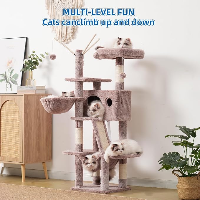 Hey-brother Cat Tree Tower with Padded Platform Bed, Hammock, MPJ019-SMU | 53 Inches Cat House with Large Cozy Condo, Toy Balls and Sisal Scratching Posts for Indoor Multi-Cats, Muchroom