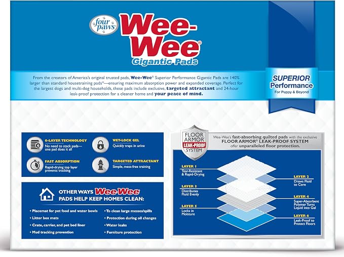 Four Paws Wee-Wee Superior Performance Pee Pads for Dogs with Runoff Barrier Edge Guard Protection, Puppy & Dog Potty Training Pads, Housebreaking Pet Supplies, 27.5" x 44" (150 Count)