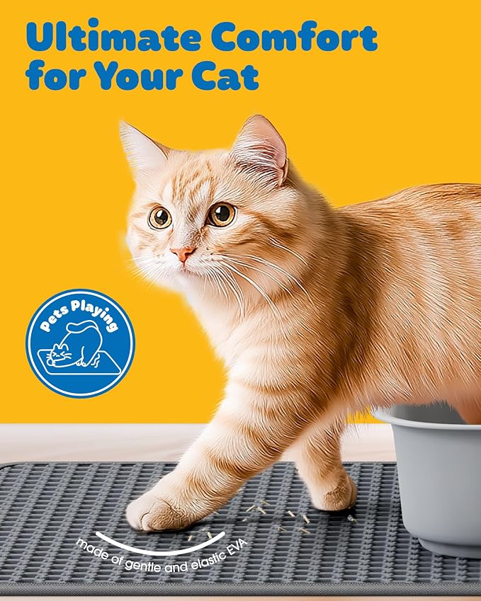 Powools Ultra-Large Cat Litter Mat, 35'' x 30", Double-Layer, Grey, 2 Pack | Urine-Proof, Non-Slip Litter Trapping Mat, Easy to Clean, Kitty Litter Mats for Floor, Scatter Control