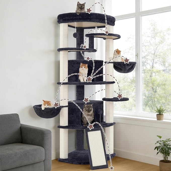 Corner Cat Tree, All Sisal Multi-Cat Scratching Posts GCT035G | 63.8" Cat Tower for Indoor Cats with Cat Condo, 2 Large Cat Caves, Big Top Perch, 2 Hanging Baskets & Sisal Ramp, Drak Gray
