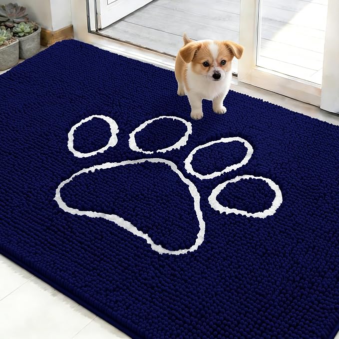 OLANLY Dog Door Mat for Muddy Paws 48x30, Paw Print Design Chenille Mud Mat | Navy Blue, Absorbent, Traps Moisture and Dirt, Non-Slip Washable Doormat, Quick-Drying Indoor Entryway Floor Carpet for Dogs