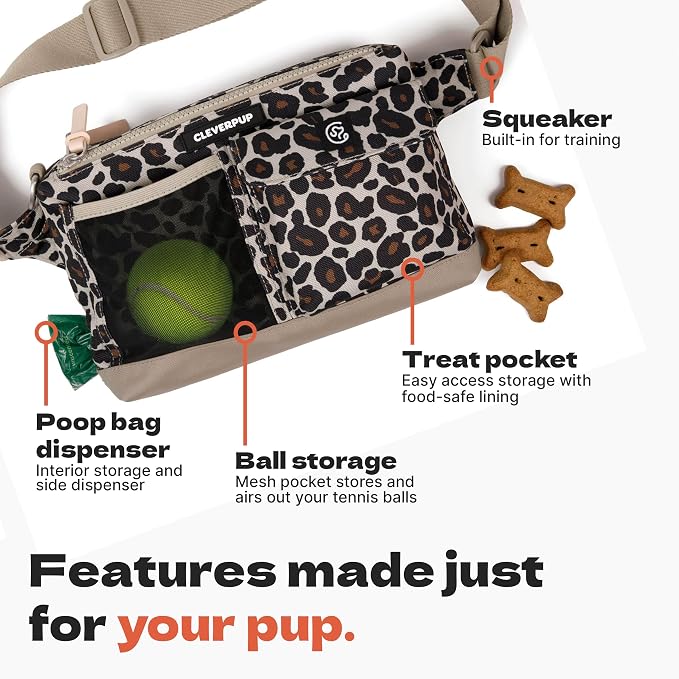 Walk & Train 2-in-1 Dog Walking Bag - Hands-Free Training Crossbody Sling & Fanny Pack with Treat Pouch, Poop Bag Holder, Phone Pockets - Adjustable Waist or Shoulder Strap - Leopard
