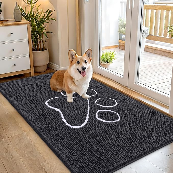OLANLY Dog Door Mat for Muddy Paws 54x32, Paw Print Design Chenille Mud Mat | Dark Grey, Absorbent, Traps Moisture and Dirt, Non-Slip Washable Doormat, Quick-Drying Indoor Entryway Floor Carpet for Dogs