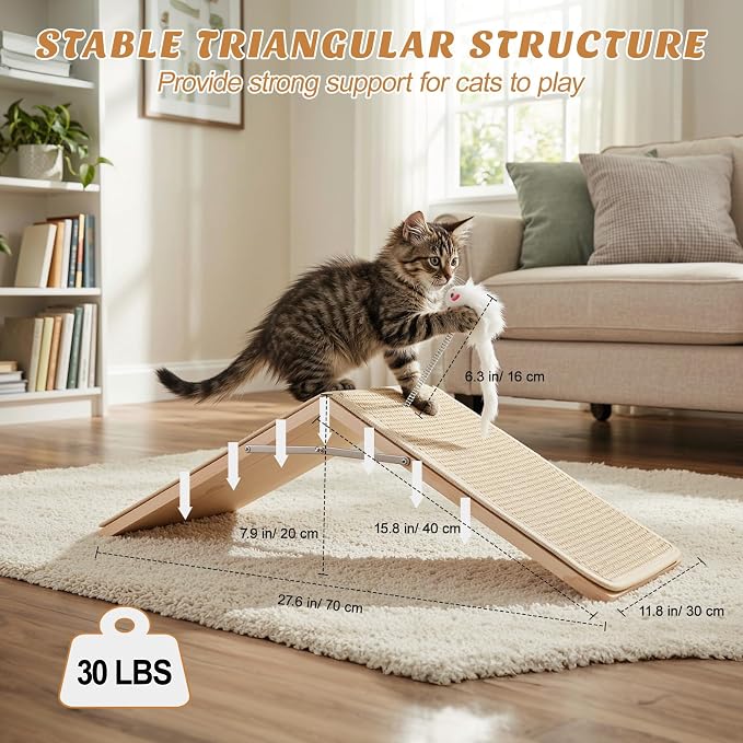 Cat Scratcher, Cat Sisal Scratching Ramp, Foldable Wooden Scratching Board with 2 Spring Plush Toys, Triangle Kitten Ramp Protect Furniture, Solid Non-Slip Scratch Pad for Indoor Multiple Pets
