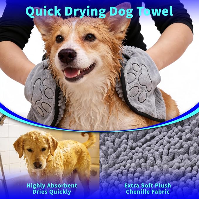 3PCS Dog Bath Kit,Dog Bath Brush | Dog Bath Gloves | Microfiber Dog Towel 26'' X 11'' Extra Soft Plush Chenille Dog Drying Towel to Dry Soggy Large Pets & Small Puppy