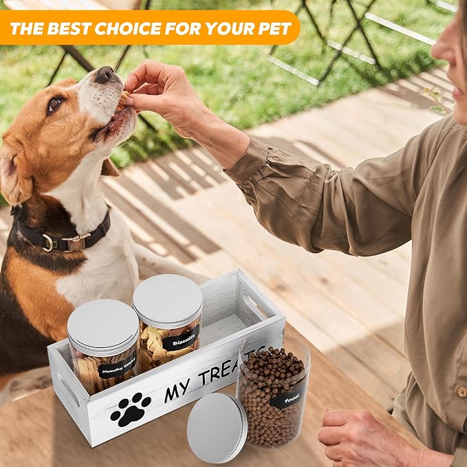 qeerable Dog Treat Container for Countertop - Dog Food Storage with 3 Jars - Pet Food Organizer For Puppy - Airtight White Wooden Dog Treat Storage With Lids - Great Gift for Pet Dog Owners