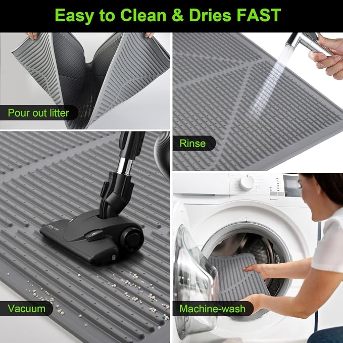 Mofason Rubber Cat Litter Mat Litter Box Mat - Grey Silicone Litter Catcher | Waterproof 24"x15" Kitty litter box mat, litter trapping catcher mat; easy clean litter trapping mat small cat litterbox mat