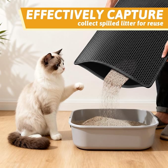Pieviev Kitty Litter Mat, Double-Layer Waterproof Design, 30" x 24" Black | Honeycomb Litter Box Mat Catches Scattered Particles to Stop Tracking, Urineproof Base protects Floors, Easy to Clean
