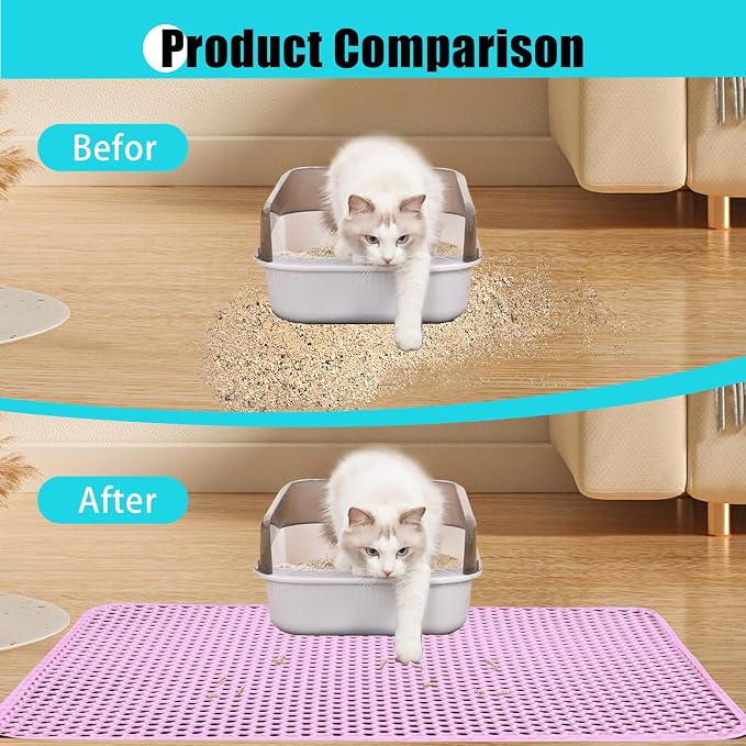 Cat Litter Mat 30"x24", Double Layer Waterproof Litterbox Mat, Pink | Non-slip backing, washable for easy cleanup, traps stray litter with waterproof honeycomb large grid that is urine-proof.