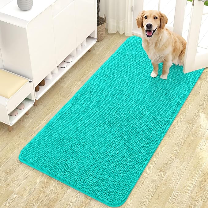OLANLY Dog Door Mat for Muddy Paws 47x24, Super Absorbent Chenille Mud Mat | Teal, Absorbs Moisture and Dirt, Non-Slip Machine Washable Doormat, Quick-Drying Indoor Entryway Floor Carpet for Dogs