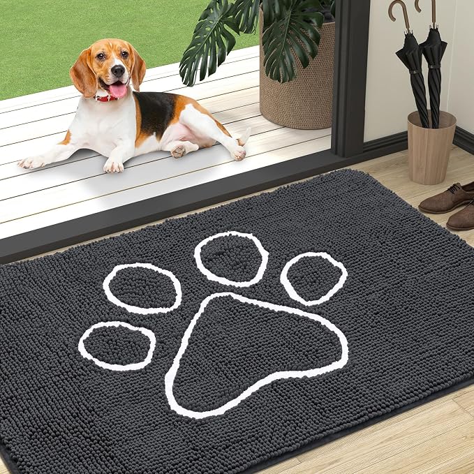 OLANLY Dog Door Mat for Muddy Paws 47x32, Paw Print Design Chenille Mud Mat | Dark Grey, Absorbent, Traps Moisture and Dirt, Non-Slip Washable Doormat, Quick-Drying Indoor Entryway Floor Carpet for Dogs