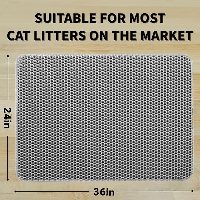 Honeycomb Double Layer Cat Litter Mat, Gray, 36 x 24 Inch, 1 Pack | Soft EVA Material, Non-Slip Backing, Urine & Water Resistant, Scatter Control, Washable & Durable, Ideal for Indoor Cats