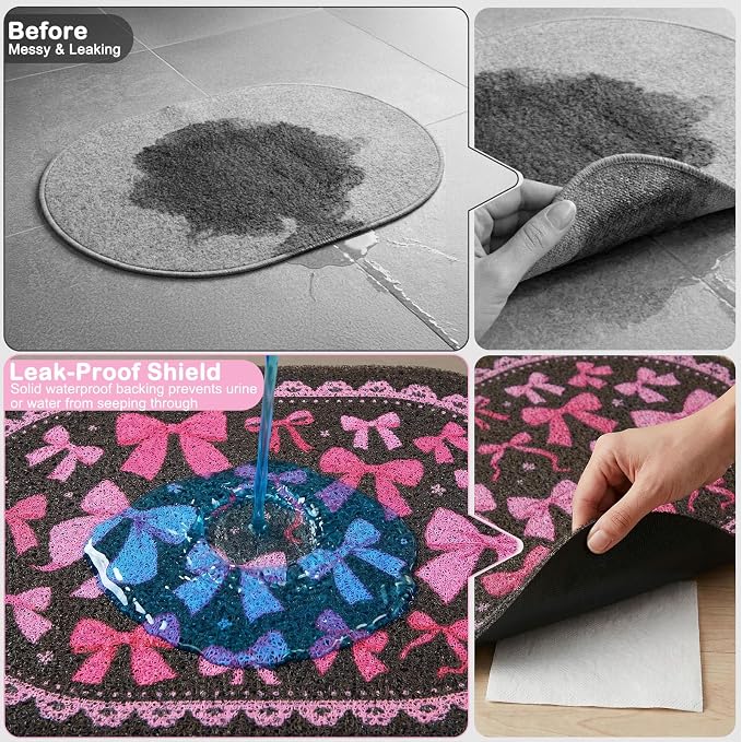 Bienbee Cat Litter Mat, 24" x 15" Litter Box Mat Rug with Non-Slip Bottom,Urine and Water Proof, Easy to Clean Cat Supplies Essentials for Indoor Kitty Kitten Floor, Pink Bow M