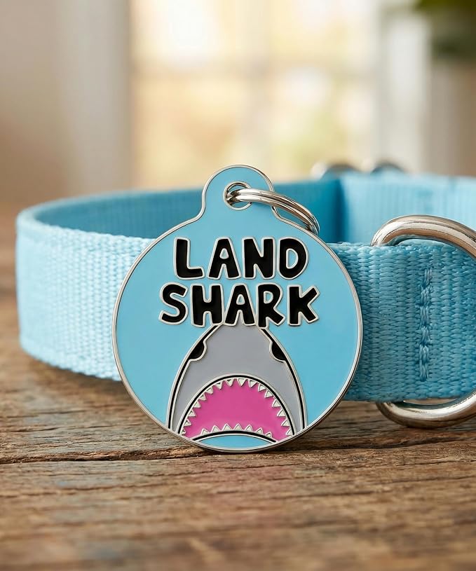 Bad Tags Personalized Dog and Cat ID Tags in 25+ Designs and 2 Sizes - 5 Lines of Custom Engraved Text - Funny Cute Personalized Pet Tags (Land Shark, Small (1 inch))
