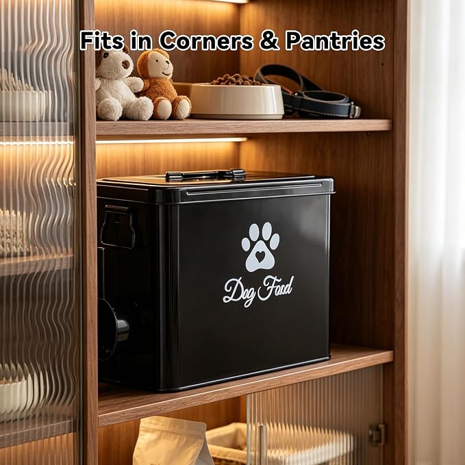 Dog Food Storage Container, Cute Airtight Pet Food Storage Containers with Metal Lid Scoop, 9-12 Lb Large CapacityDog Treat Snack Jar, Black Container Bin for Kitchen Counter Pantry
