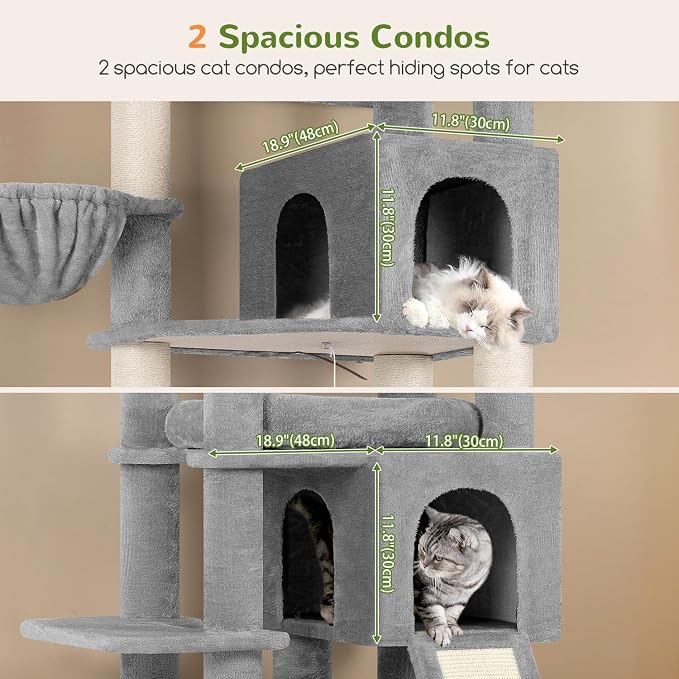Globlazer Tall Cat Tree for Indoor Large Cats, 75 inch, F75C, Light Grey | Multi-Level Cat Tower, 2 Large Platforms, 2 Oversized Cat Condos, 5 Scratching Posts, Scratching Board, Removable Pet Bed