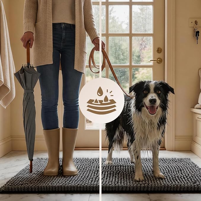 EHEYCIGA Super Absorbent Dog Door Mat for Muddy Paws 60x36 Inch Indoor, Front Doormat Outside Entrance, Quick Dry Chenille Washable Dog Crate Bed, Non-Slip Pet Rug Mud Mat Outdoor Entryway, Dark Grey