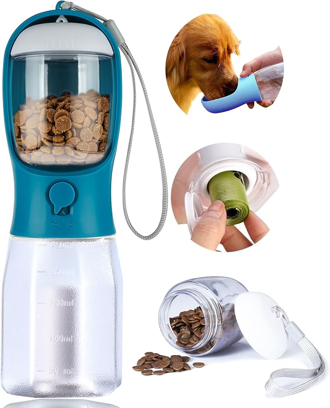 Dog Water Bottle with Food Container, Portable Pet Dog Water Dispenser for Outdoor Walking,Hiking,Travel,Puppy Essentials,Puppy Supplies,Replaceable Waste Bags