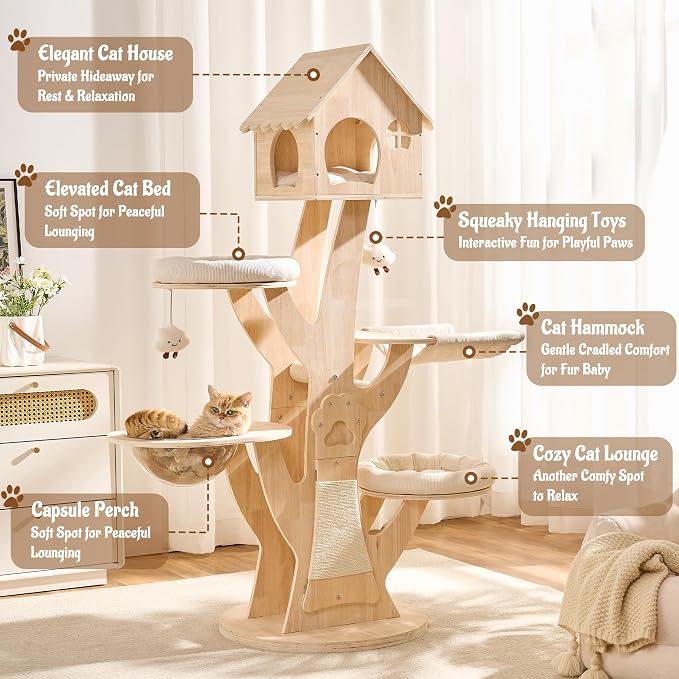 65" Modern Wood Cat Tree for Indoor Cats, Multi-level Cat Tower with Hidden Cat House, Cozy Beds, Hammock, Capsule perch, Spacious Scratching Board & Interactive Toys, Furniture-Style Cat Condo