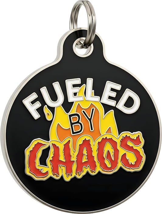 Bad Tags Personalized Dog and Cat ID Tags in 25+ Designs and 2 Sizes - 5 Lines of Custom Engraved Text - Funny Cute Personalized Pet Tags (Fueled by Chaos, Large (1.25 inch))