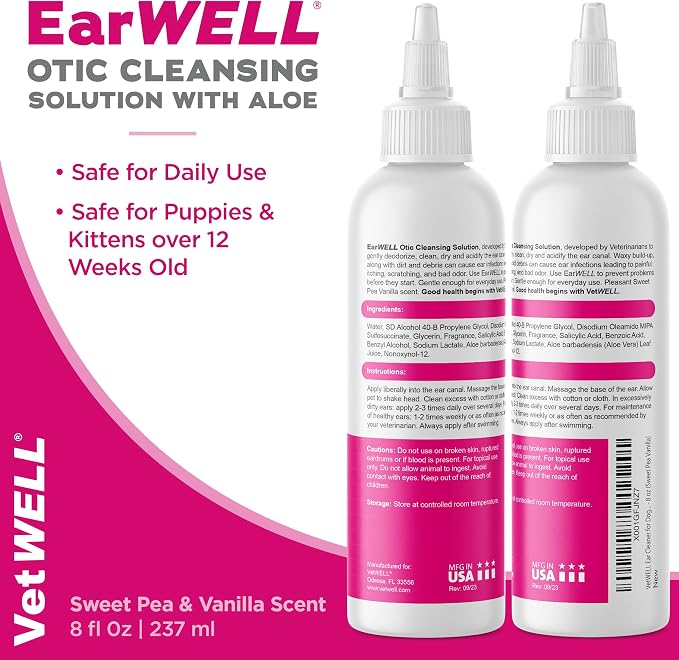 VetWELL Ear Cleaner for Dogs and Cats - Otic Rinse for Infections and Controlling Ear Infections and Odor in Pets - 8 oz (Sweet Pea Vanilla) (Pack of 2)