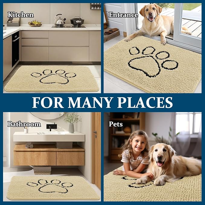 OLANLY Dog Door Mat for Muddy Paws 36x24, Paw Print Design Chenille Mud Mat | Sand, Super Absorbent, Traps Moisture and Dirt, Non-Slip Washable Doormat, Quick-Drying Indoor Entryway Floor Carpet for Dogs