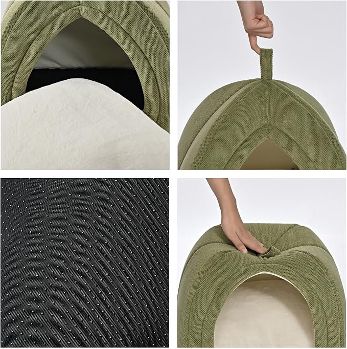 Amazon Basics Cat Cave Bed, 2-in-1 Foldable House for Indoor Cats, with Washable Cushion and Non-Slip Base, 15 x 15 Inches, Small, Green