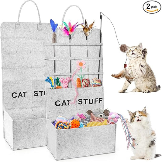 ZAVOOS 2 Pack Cat Wand Toy Storage Bag, Hanging Cat Teaser Holder for Neatly Organization, Durable Feather Pet Toy Organizer Bag with Handle for Indoor Pet Supplies, Feline Safety