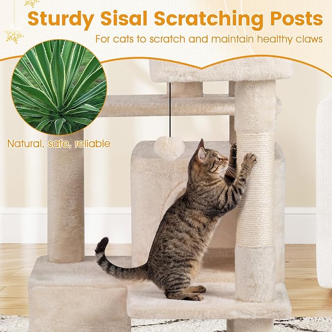 52-inch Cat Tree, Multi-Level Cat Tower with Sisal Scratching Posts, 2 Comfy Condos, Plush Padded Soft Top Perch, Dangling Balls, and Climbing Ladder, Ideal for Indoor Cats (Beige)