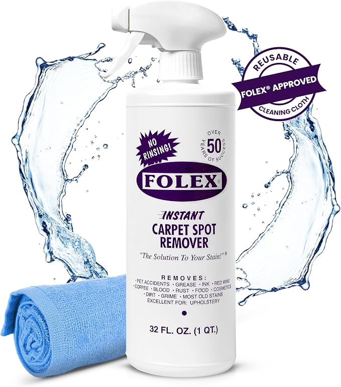 FOLEX Instant Carpet Spot Remover 32 oz – Powerful Stain Remover for Carpets, Upholstery & Rugs – Eliminates Pet Stains, Grease, Red Wine, Food, Makeup & More – With Reusable Cleaning Cloth - 1 Pack