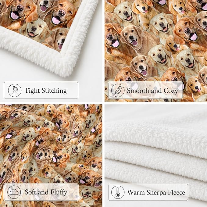 BlessLiving Golden Retriever Throw Blanket with Dense Dog Patterns Sherpa Fleece Blanket Couch Bed, Soft Cozy Warm Pet Blankets for Puppy Lovers Cute Animal Print Gift 50x60 Inches