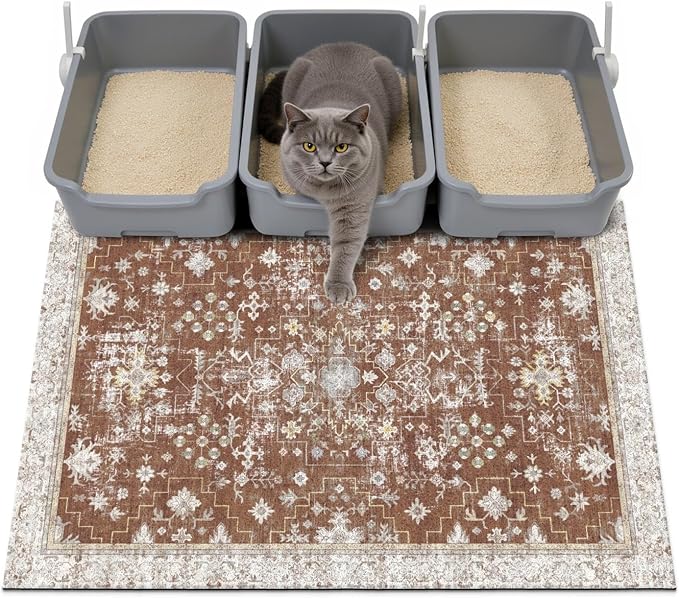 Cat Litter Mat Litter Trapping Mat, 40"x30" Waterproof Urine Proof Litter Box Mat Catcher Mat Non-Slip Washable for Kitty Kitten, Brown