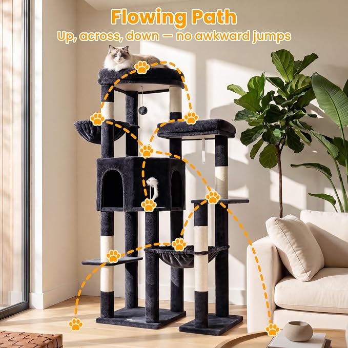 65" Cat Tree Tower, Anti-Tip Cat Condo for Indoor Cats VCT012G | Cat Furniture with Extra Wide Baseboard & Large Perch, 2 Hammocks, Cozy Condo, 7 Sisal Scratching Posts, Smoky Gray