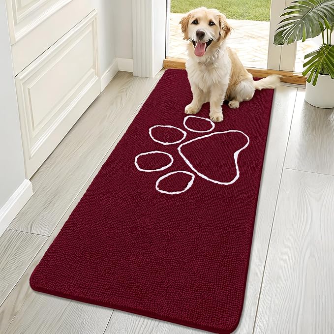 OLANLY Dog Door Mat for Muddy Paws 70x32, Paw Print Design Chenille Mud Mat | Burgundy, Absorbent, Traps Moisture and Dirt, Non-Slip Washable Doormat, Quick-Drying Indoor Entryway Floor Carpet for Dogs