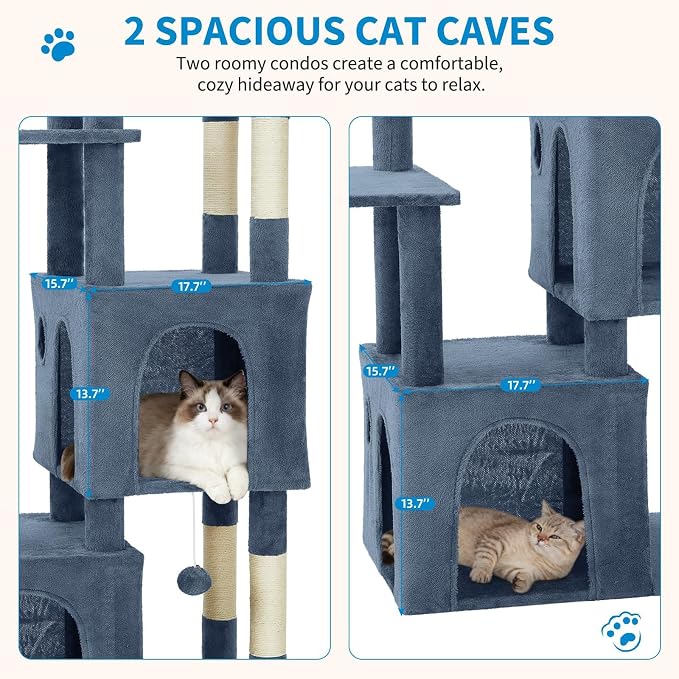 61" Large Cat Tree Tower for Indoor Cats, Heavy-Duty Multi-Level Cat Condo for Maine Coon & Big Cats with Extra-Large Perch, 2 Spacious Houses, Sisal Scratching Posts & Hanging Toys - Light Blue