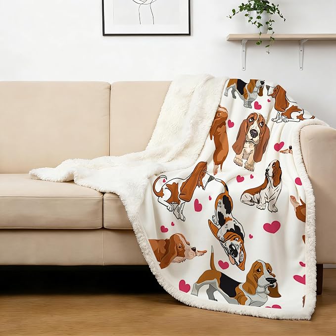 BlessLiving Basset Hound Blanket Queen Size 90x90 Inches - 3D Red Hearts Dog Print Plush & Sherpa Throw, Ultra Soft Cozy Fleece Blanket for Adults, Kids, Pet Lovers, Cute Puppy Gift