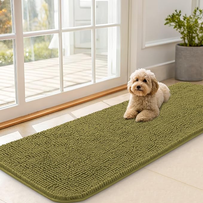 OLANLY Dog Door Mat for Muddy Paws 59x20, Super Absorbent Chenille Mud Mat | Willow Green, Absorbs Moisture and Dirt, Non-Slip Machine Washable Doormat, Quick-Dry Indoor Entryway Floor Carpet for Dogs