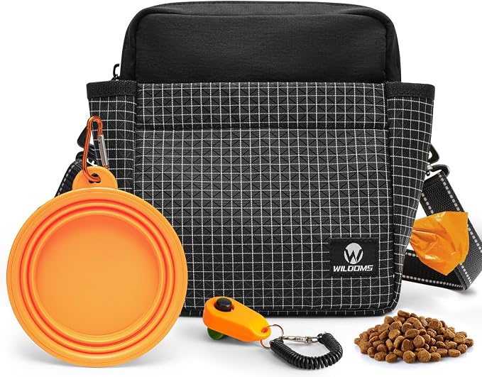 Dog Treat Pouch for Training, Magnetic Dog Walking Bag and Fanny Pack | Large treat pocket with poop bag dispenser, clicker and bowl; hands-free for dog training, walks, park trips and travel
