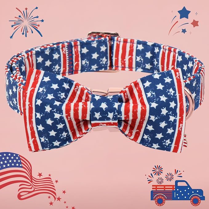 4th of July American Flag Dog Collar, DOGWONG Red Blue Bow Dog Collars with Metal Adjustable Buckle, Comfortable Independence Day Dogs Collars for Medium Dogs