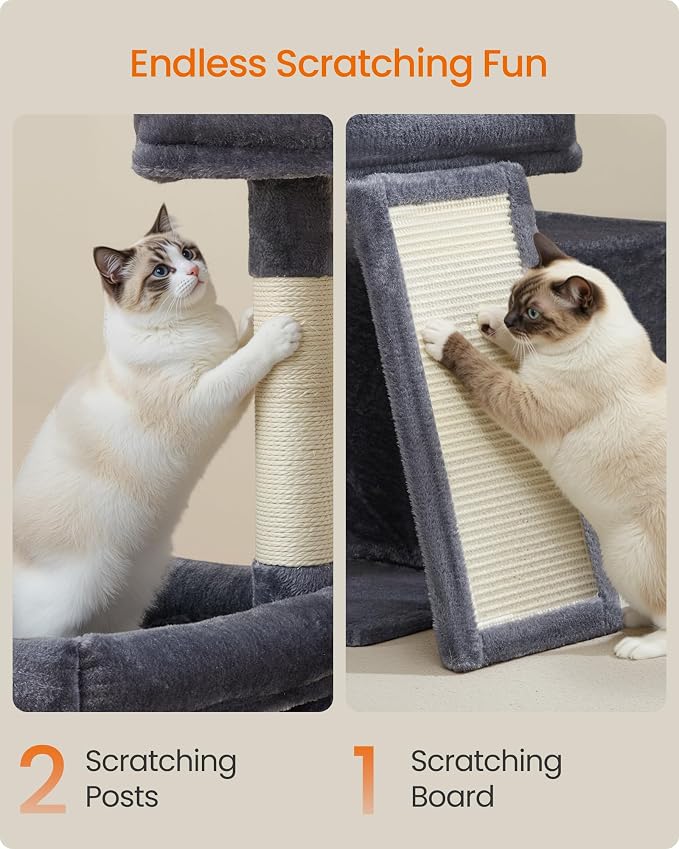 Feandrea Cat Tree, Cat Tower Condo with Scratching Posts and Ramp, 2 Large Perches, Cave, Basket, 33.8 Inches Tall, Dark Gray UPCT013GS02S