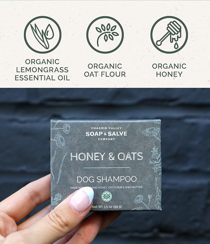 Chagrin Valley Soap & Salve Certified Organic Dog Shampoo and Conditioner – Dog Shampoo Itchy Skin Relief and Puppy Essentials - Natural Handmade Honey & Oats, 3.8 oz Bar Soap