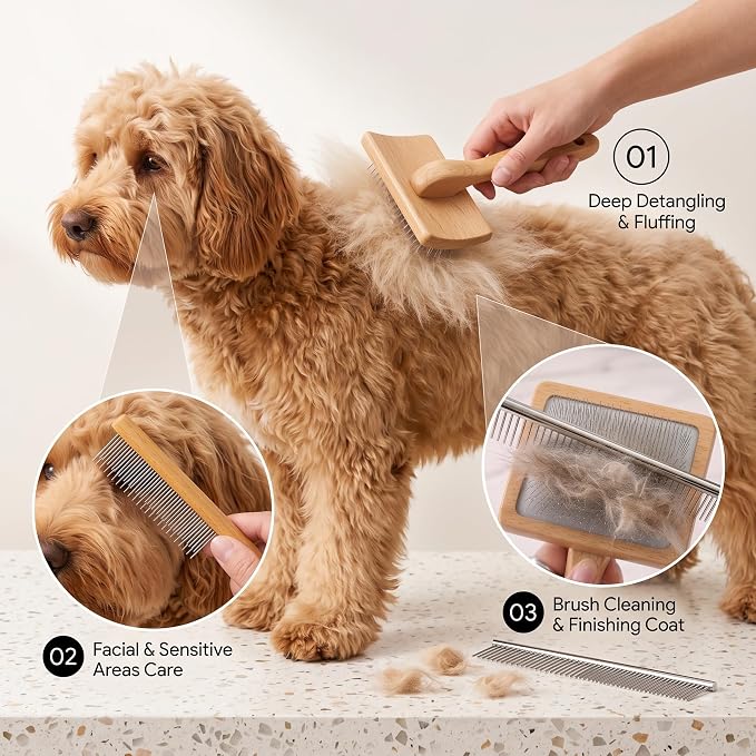 Wooden Long Pin Slicker Brush for Large Dog, Poodles & Doodles Long Hair | Grooming, Fluff & Detangle Heavy Dense Wavy Curly Coats to Easily Prevent Severe Hair Matting During Shedding Seasons