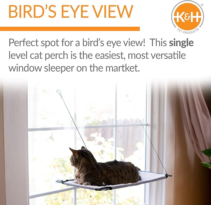 K&H Cat Window Perch, Lounger for Large Cats - 23x12in Fleece | Cat Window Hammock Bed, Steel Frame, Sturdy Suction Cups, Washable Shelf Cover, Foldable