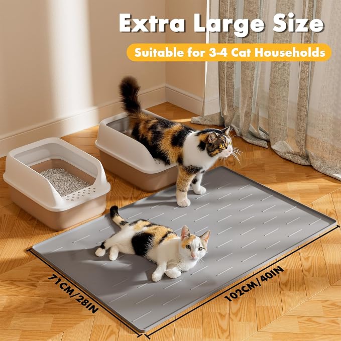 Pieviev Extra Large Silicone Litter Box Mat, Easy to Clean, 40'' x 28'' | Deep Grooves Trap Litter, Soft on Kitty Paws, Cat Mat with Non-Slip Backing, Raised Edge Catch Urine and Spills