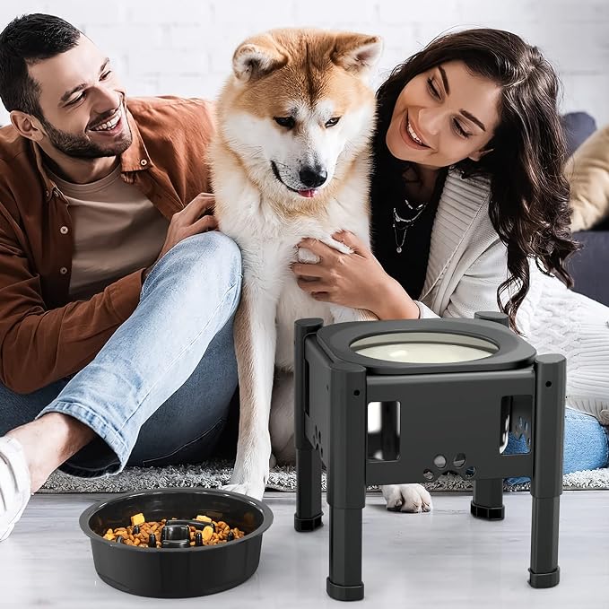 Lewondr Elevated Dog Water Bowl No Spill with 3 Heights Adjustable Stand | Water & Slow Feeder Bowls, Adjustable Dog Slow Feeder Bowl Non-Slip Dog Bowl Stand for Medium Large Breed