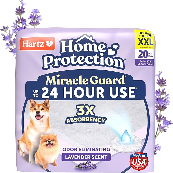 Hartz Miracle Guard Dog and Puppy Dog Pads Max Absorbency 24 Hour Use Odor Eliminating Lavender Scented No Leaks, 2XL Size 20 Count