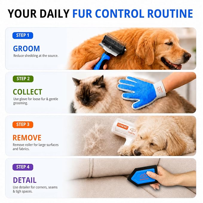 4-in-1 Pet Care & Pet Hair Control System for Dogs & Cats – Deshedding Tool, Pet Hair Remover, Grooming Glove & Detail Cleaner for Furniture Couch Carpet Home & Car (Blue, Combo 4-in1 Large)