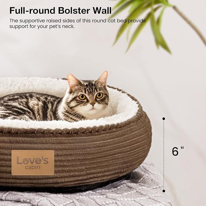 Love's cabin Round Donut Cat and Dog Cushion Bed, 20in Pet Bed for Cats or Small Dogs, Anti-Slip & Water-Resistant Bottom, Super Soft Durable Fabric Pet beds, Washable Luxury Cat Dog Bed Brown Stripe